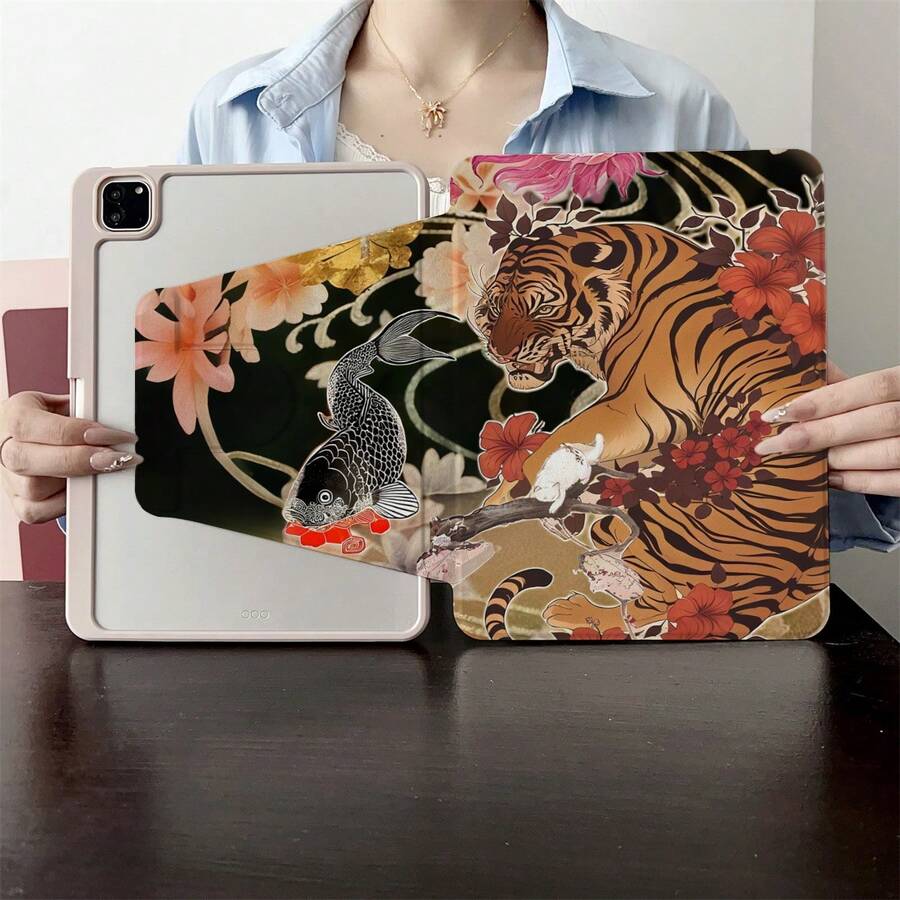 1 Pc Aesthetic Japanese Ukiyo-E Tiger & Koi Fish Print Case For Ipad, 360° Rotating & Foldable Smart Case For IPad - Compatible With IPad Air 6/5/4, For IPad 10 (10.9"), For IPad Pro 2024/Air M3/A16 2025 - Perfect For Work, Travel & Home Use,Compatible With Galaxy Tab A8/A9 Plus/S6 Lite/S7/S9 FE Plus,Compatible With Xiaomi Pad 5/5 Pro/6/6 Pro/7/7 Pro/6S Pro - Multicolor - View 1