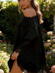 Blusa de mujer con un solo hombro, elegante, de color liso, con ribete de encaje, manga larga y corte holgado, de satén, ideal para uso diario informal. - Negro - Ver 5