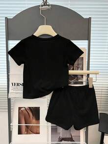 Baby Boy Letter Print Short Sleeve T-Shirt And Shorts Casual Outfit - Black - View 3