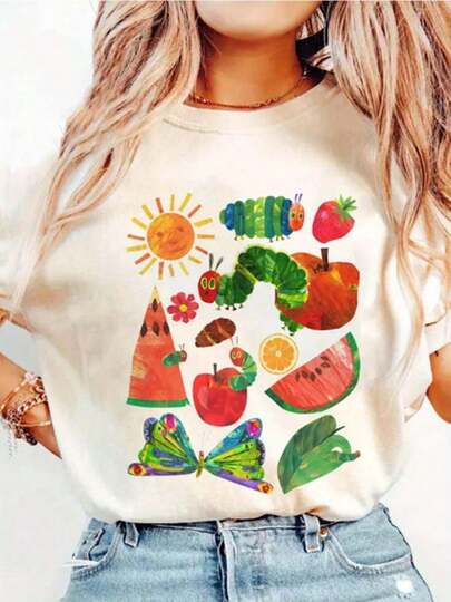 Una camiseta de temporada para mujer en color albaricoque, con un diseño colorido de la película 'La oruga muy hambrienta' (que incluye el sol, la oruga, frutas, mariposas, etc.). Con un estilo divertido y artístico, camiseta de manga corta con cuello redondo y estampado para mujer. |   Suave y Elástico, Casual y para Gimnasio, Esencial para el Día del Deporte y San Valentín