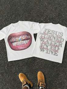Men's Christmas T-Shirt, 1 Piece, 220 G Cotton, With Mouth Print And Spiritual Quote: "Jesus Turned Into Wine". Popular Item. - White - View 1