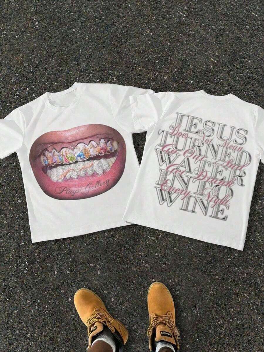 Men's Christmas T-Shirt, 1 Piece, 220 G Cotton, With Mouth Print And Spiritual Quote: "Jesus Turned Into Wine". Popular Item. - White - View 1