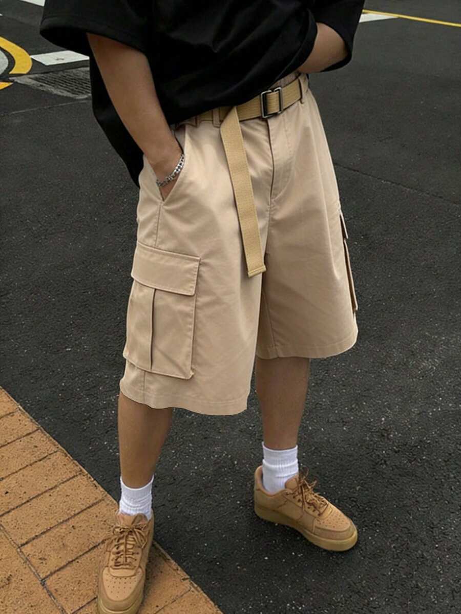 Men's Khaki Cargo Shorts, Multi-Pocket Straight Leg Streetwear - Khaki - View 1