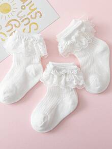 3 Pairs Baby Girls' Summer Mesh Breathable Princess Lace Trim Socks, Assorted Styles - White - View 11