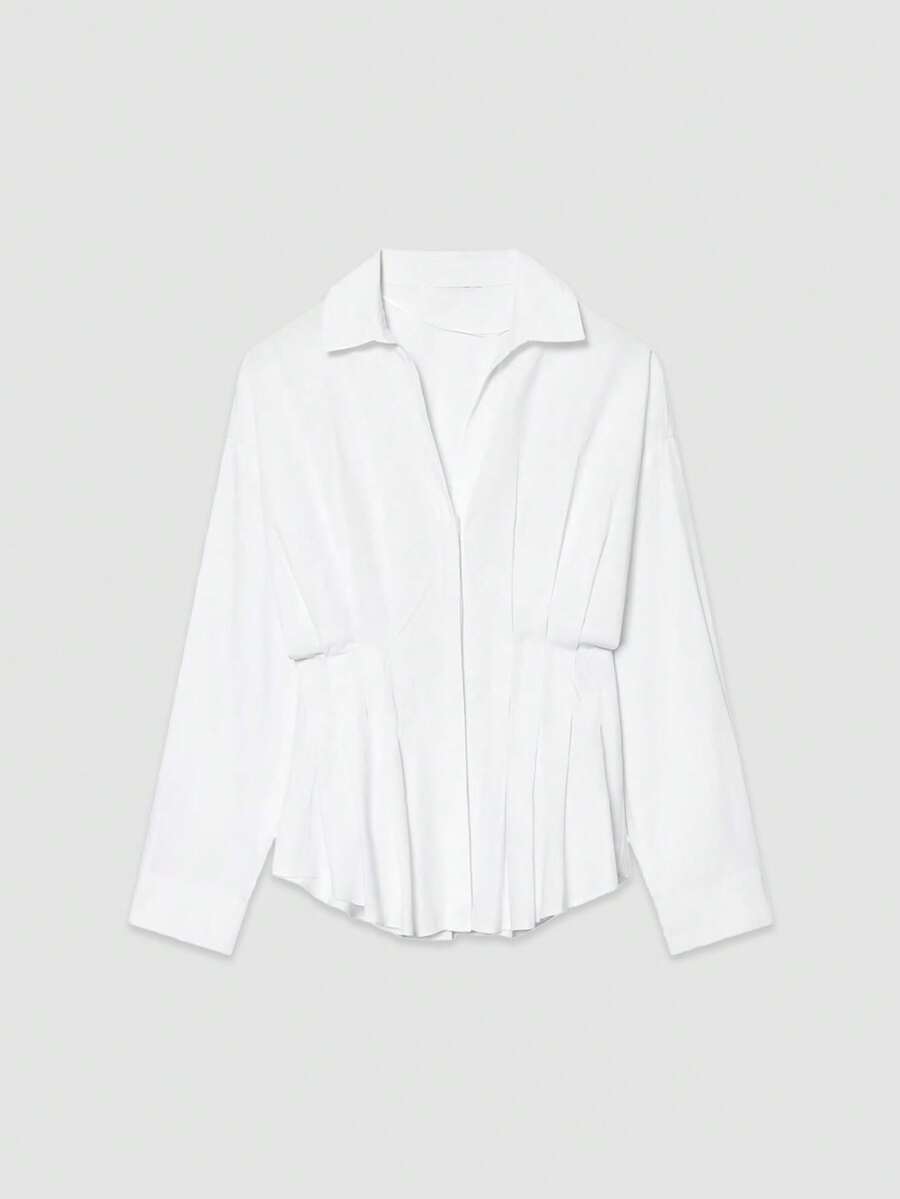 YROOE Women's Spring/Summer Pleated Silk Blend Fitted Long Sleeve Blouse White - White - View 1
