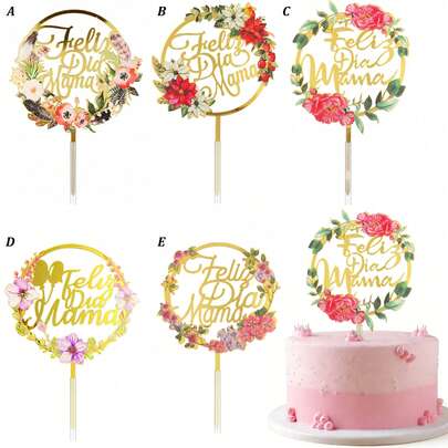 3件/6件装“Feliz Dia Mama”金色亚克力母亲节蛋糕装饰插牌，适合母亲节庆祝活动