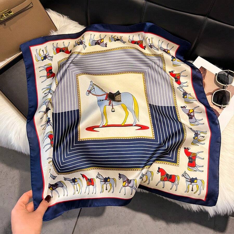 2026 Spring/Summer Women's 70x70cm Square Scarf Equestrian Medallion Print Satin Silk Like Fabric Equestrian Head Neck Bag Accessory Satin Scarf Fashion Scarf - Nhiều màu - Xem 1