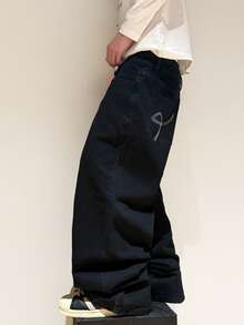 1pc Hearty Haven Men's Embroidered Wide-Leg Casual Pants, Loose Comfortable College Style Streetwear, Suitable For All Seasons, Office Wear, No Belt Or Accessories Included - Black - View 4