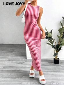 LOVE JOYY Women's Vacation Style Pink Striped Sleeveless Backless Fitted Dress With Side Slit, Summer Casual Holiday Party Daily Wear Long Dress - Rose Red - View 4