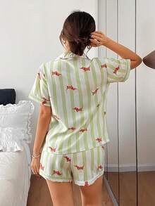Dreamivo 2pcs Women Comfortable White & Green Striped Puppy Print Lapel Single-Breasted Short Sleeve Pocket Top & Shorts Pajama Set, Suitable For Spring/Summer Loungewear - Mint Green - View 2