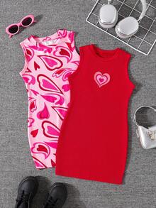 Set de 2 vestidos casuales sin mangas con estampado de corazón y costillas para niñas, para uso al aire libre - Rojo - Ver 2
