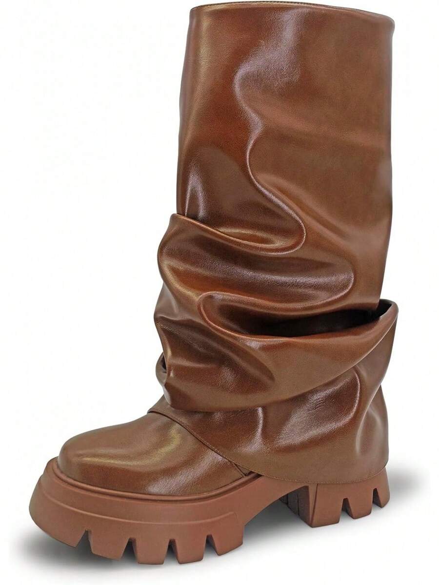 Women's Platform Round Toe Mid Calf Boots With Chunky Heel - M-brown - View 1