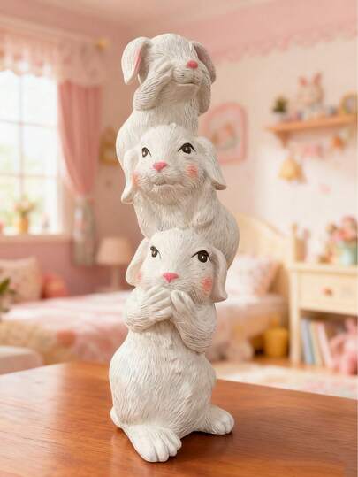 Tượng ba chú thỏ thông thái xếp chồng lên nhau - Không nghe điều ác, không nhìn điều ác, không nói điều ác - Trang trí nhà cửa hình thỏ.