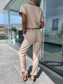 女士两件套休闲V领短袖上衣搭配松紧腰长裤，优雅商务休闲装，配腰带 - 米色 - 查看 5