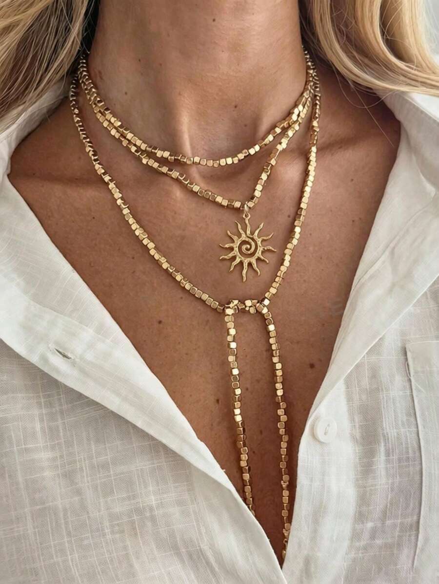 1 chiếc vòng cổ dài đính hạt mặt dây chuyền hình mặt trời tối giản, vòng cổ choker hạt vuông CCB và hạt gạo ngọt ngào dành cho nữ, phù hợp cho đi làm hàng ngày, đi nghỉ mát biển, hẹn hò, mua sắm, trang trí trang phục, tiệc tùng, lễ hội âm nhạc, món quà tốt nhất dành cho phụ nữ vào ngày Valentine, kỷ niệm (Chất liệu nhựa CCB không phải kim loại, vui lòng cân nhắc kỹ trước khi mua).