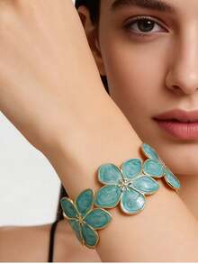 1pc Romantic Colorful Enamel Flower Stainless Steel Bangle Bracelet, Suitable For Women's Wedding Or Travel Wear, Also As A Valentine's Day Gift For Loved Ones - Yellow Gold - View 7