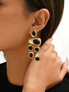 1对女士奢华复古风金色锤纹黑色宝石长款垂坠耳环，夸张个性耳环，适合派对和晚宴佩戴 - 金黃色 - 查看 3