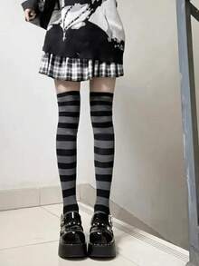 Women's Striped Over-The-Knee Socks, Fashionable Colorful Stripes, Long Socks, Girls' Socks, Party Socks, Dance Socks, Punk Style, Rock Star Style, Suitable For Daily Wear, Y2k, Comfortable. - 灰黑條紋 - 均碼 - 查看 2