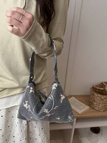 2026新款蕾丝编织三角单肩包，百搭草编手提包，女士 - 黑色 - 查看 5