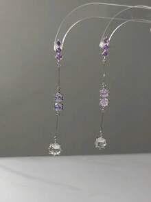 1 par de pendientes de borla de vidrio púrpura largos, elegantes y lujosos, adecuados para banquetes y uso vacacional - Morado - Ver 6
