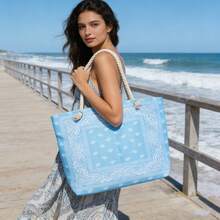 1 件紫色海龟印花大号帆布手提袋，波西米亚风紫色海龟帆布手提袋，适合海洋爱好者的夏季沙滩大号包，海龟印花大号帆布沙滩手提袋，夏季度假旅行包 - 淺藍色 - 查看 4