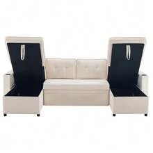 Schlafsofa mit Schlaffunktion, U-förmiges Sofa, Polstersofa, Baumwoll-und Leinenstoffe, mit Getränkehalter, Stauräume, geeignet für Familien, Wohnzimmer usv. Video verfügbar - Beige - Übersicht 11