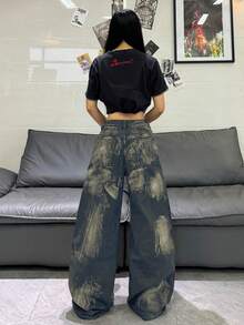 1件美式街頭風女款多眼手繪圖案寬腿牛仔褲，寬鬆舒適四季皆宜牛仔長褲（不含腰帶/配件） - 藍色 - 查看 6