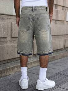 Mud Yellow Washed Straight-Leg Cropped Jeans, With Frayed Hem Design, Featuring Distressed And Faded Effect, Vintage Casual Shorts - 芥末黃 - 查看 5