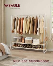 VASAGLE Kleiderständer, Garderobenständer, Garderobe, 2 Ablagen, 6 Haken in S-Form, Stahlgestell, 45 x 138 x 160, für Schlafzimmer, Flur, Eingangsbereich, naturbeige-mattweiß RGR119W09 WIRH - Ebenholzschwarz + Mattschwarz - Übersicht 8