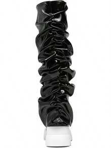 Women's Platform Round Toe Mid Calf Boots With Chunky Heel - Black - View 7