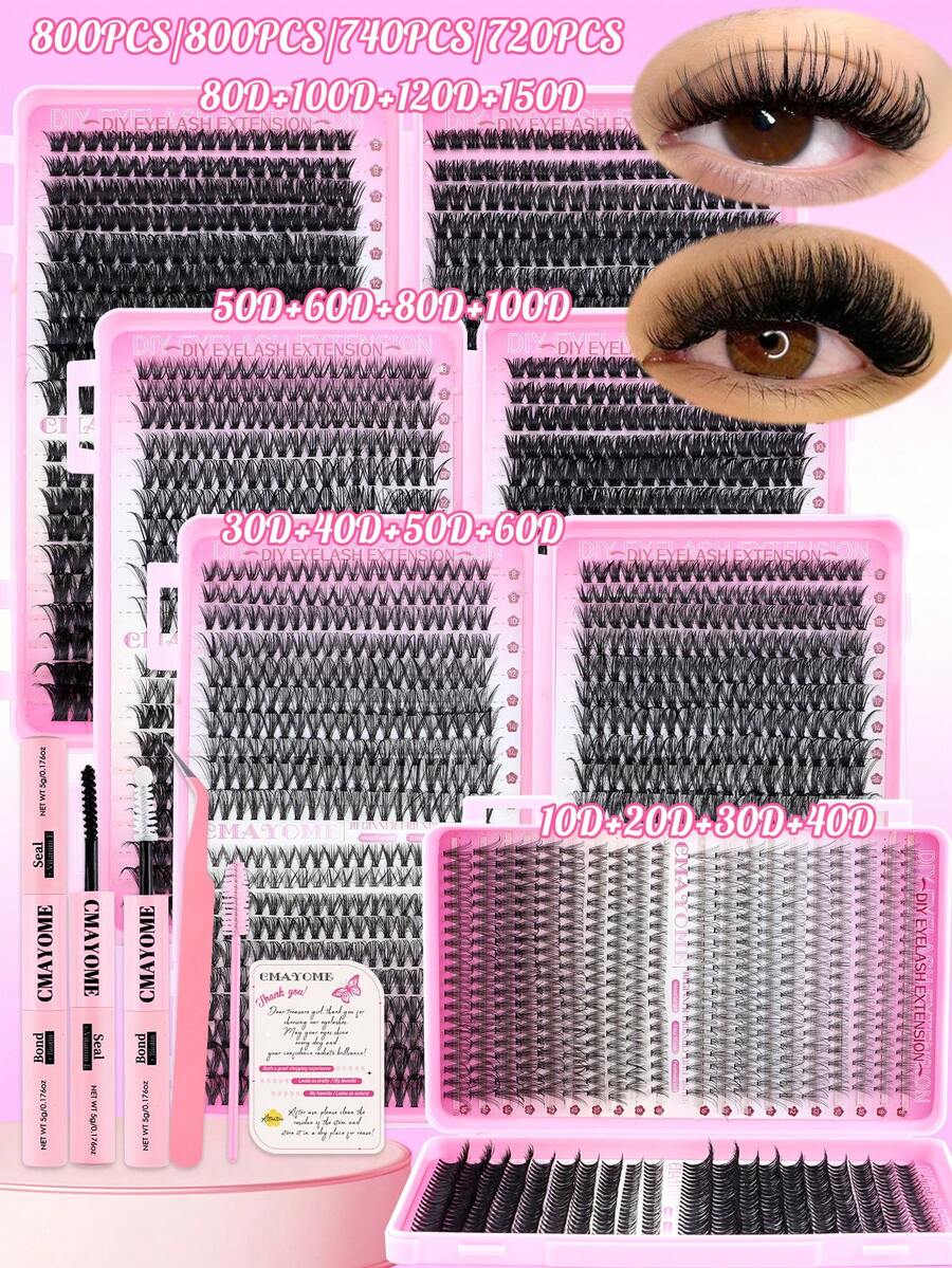720/740/800pcs Super High-Volume DIY False Eyelashes Set, 8-16mm Mixed Length 10D-150D D Curl Natural Look False Eyelashes, Extra Thick And Fluffy, Voluminous Eyelashes Book, Friendly To Beginners, Suitable For Daily Use And Outgoing, Party, Festival And Travel Using,Styles Mixed And Can Be Matched Freelylash Clusters Kit,Lashes,Eyelashes,Fake Lashes