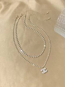 两件套时尚优雅水钻项链，14K金镶嵌立方氧化锆吊坠，适合女士日常佩戴 - 金色 - 查看 5