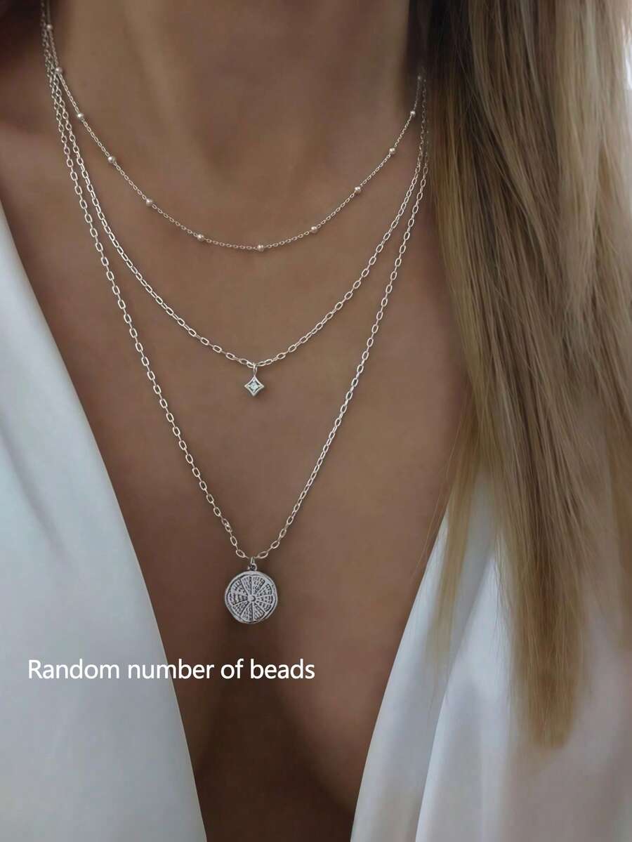 2pcs/Set Minimalist Layered Silver Necklace, Includes Beaded Chain, Cubic Zirconia Pendant, And Engraved Coin Pendant, Bohemian Style Jewelry For Women - Silver - View 1