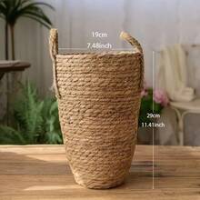 1个手工编织草编花篮，带提手，天然海草花瓶/花盆，波西米亚风柳条收纳篮，19厘米（7.48英寸）x 29厘米（11.41英寸），适用于家居花园婚礼装饰 - 手提編織 - 查看 8
