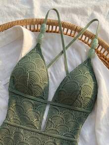 女士波西米亚风休闲优雅连体泳衣，V领系带设计，高弹面料，适合度假海滩穿着 - Fresh Green - 查看 4