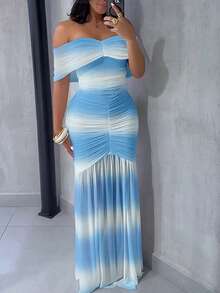 ChicMe Women's Ombre Pleated Waist Fitted Long Party Dress, Suitable For Cocktail Parties And Similar Occasions - Mint Blue - View 4