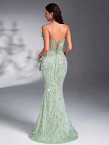 IBTRLY High-End Elegant Luxury Beaded & Sequin Fabric Dress, Handmade Positioned 3D Design, Beaded Embellishment, High Slit To Thigh Fall Wedding Party - Green - View 4