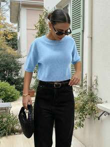 FOR BEAUTY Spring/Summer New Round Neck Short Sleeve Blue Knit Sweater, Loose Cropped Style, Minimalist Commuter Chic Pullover, Half Sleeve Crop Top, Suitable For Casual, Work, Outing, Holiday Wear - Light Blue - View 3