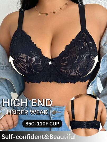 Plus Size Women Lace Patchwork Underwire Bra, Breathable Non-Slip Supportive Seamless Everyday Bra