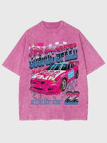 Plus Size Tee, Earnhardt 7 Championships Racing Car Pure Cotton Street Style Short Sleeved Summer Retro Washed T-Shirt, Vintage Graphic T Shirts Anti-Wrinkle Cotton T-Shirt - 粉色 - 查看 5