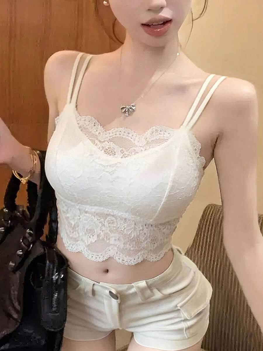 新款春夏返校季可爱性感纯蕾丝吊带背心,带衬垫胸罩,纯色女士内衣吊带衫休闲白色 - 白色 - 查看 1