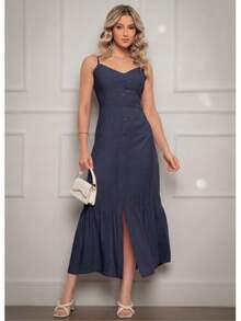 Elegant Women's Long Dress With Padded Cups, Lining, Adjustable Straps, And Front Buttons - 藏蓝色 - 查看 4
