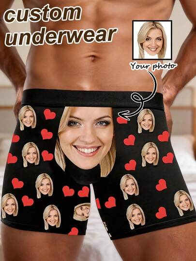 1 chiếc quần lót nam in hình khuôn mặt và trái tim đỏ theo yêu cầu, màu đen, co giãn, thoải mái, lãng mạn, cá nhân hóa (nhiều kích cỡ), món quà lý tưởng cho ngày Valentine.