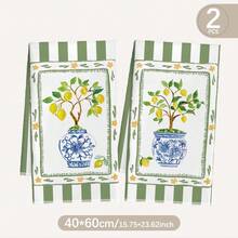 MEMNUN 2条绿色条纹边饰蓝色柠檬花卉图案厨房毛巾，可作餐巾、手巾、洗碗布，尺寸为15.75*23.62英寸（40*60厘米），超柔软吸水超细纤维布，厨房配件，可机洗，适用于餐厅、厨房、节日装饰和礼品，四季皆宜。 - 彩色 - 查看 2