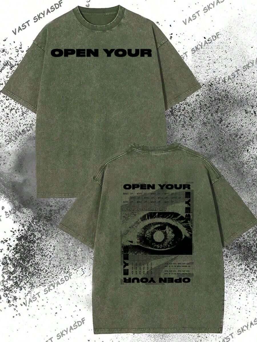 Abstract Eye Pattern Dream Scene Printed Heavy Wash Cotton Tshirt 230g Weight Oversized Fit Big And Tall Men Women Comfortable Street Style Basic Tee - 軍綠色 - 查看 1