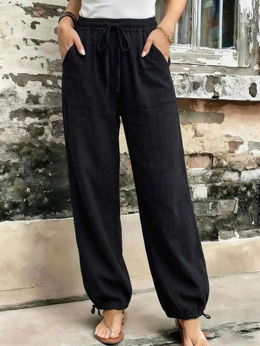 Women's Casual Solid Color Pocket Harem Pants Spring Black - Black - View 1