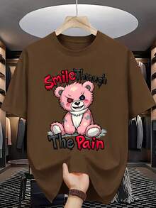 Nuevas camisetas casuales de primavera y verano para hombre, de cuello redondo y a la moda, hechas de tejido de punto de poliéster, ligeramente elásticas, de corte regular, con un diseño de oso rosa y el mensaje "Face Pain with a Smile", adecuadas para uso adulto. - azul real - Ver 9