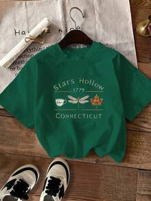 Nueva camiseta de moda para primavera y verano para chicas, con estampado de té de la tarde de otoño y patrón de letras artísticas, elegante camiseta de manga corta, casual, de cuello redondo, ropa de mujer. - Gris Claro - Ver 6