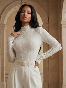 Playroots 女士立领修身褶皱蕾丝长袖白色上衣 - 白色 - 查看 1