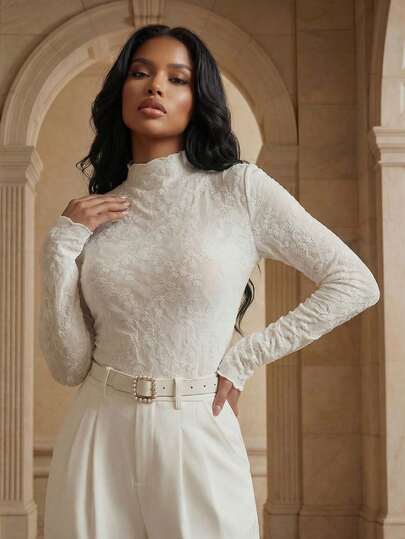 Playroots 女士立领修身褶皱蕾丝长袖白色上衣